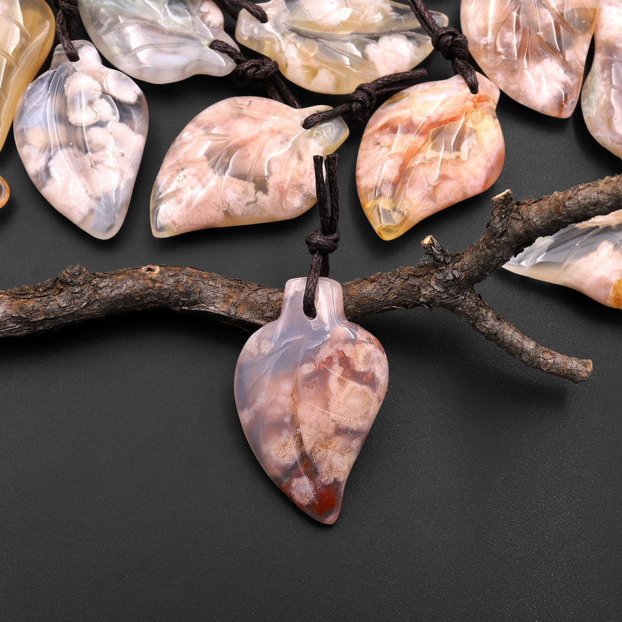 Hand Carved Natural Cherry Blossom Agate Leaf Pendant Bead Drilled