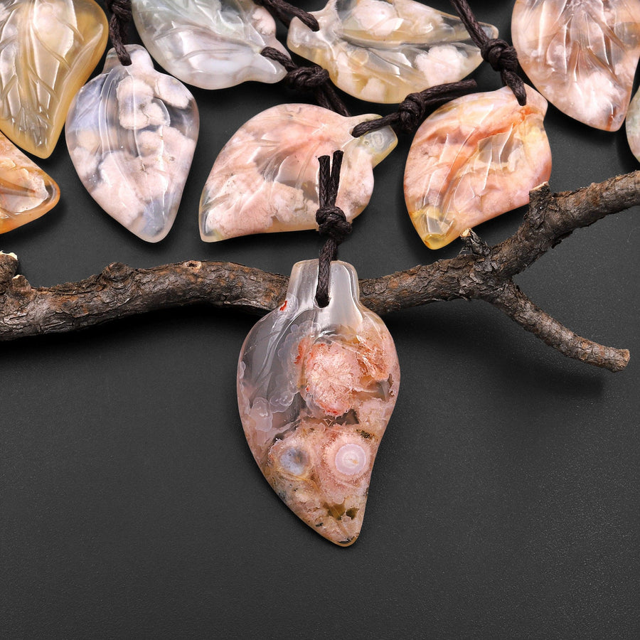 Hand Carved Natural Cherry Blossom Agate Leaf Pendant Bead Drilled