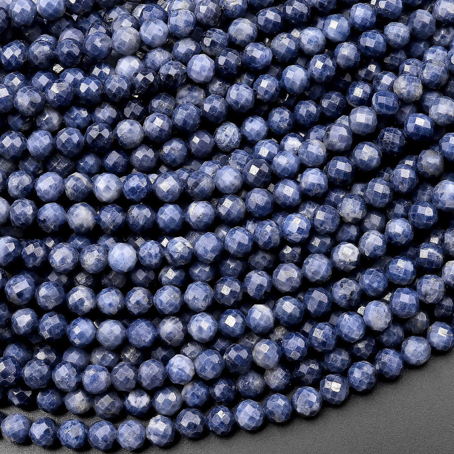 Faceted Natural Blue Sapphire Round Beads 3mm 4mm Genuine Gemstone 15.5" Strand