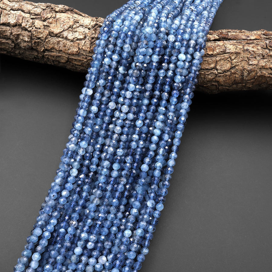 AAA+ Translucent Natural Blue Santa Maria Aquamarine Micro Faceted 2mm 3mm 4mm Round Gemstone Beads 15.5" Strand
