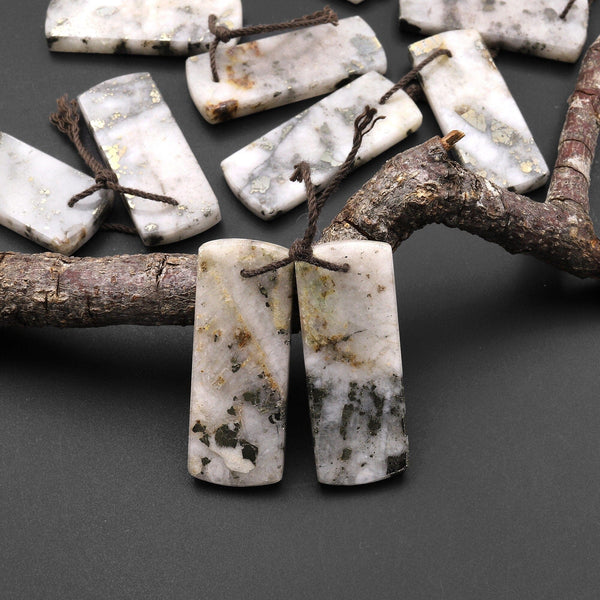 Rare Natural Golden Pyrite in Quartz Earring Pair Flat Rectangle Cabochon Pair Drilled Matched Gemstone Beads A2