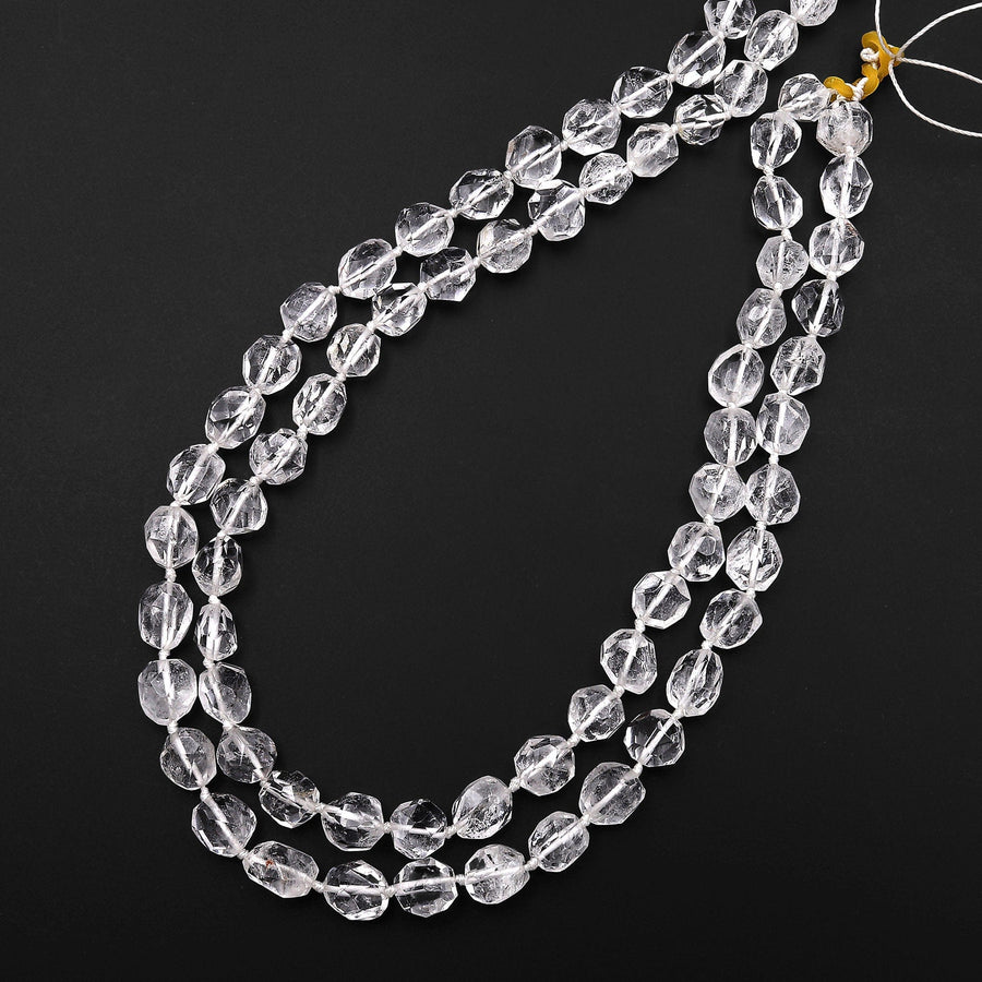 Super Clear AAA Natural Rock Crystal Quartz Handcut Faceted 10mm Rounded Nugget Beads Gemstone 15.5" Strand