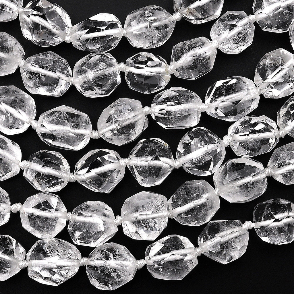 Super Clear AAA Natural Rock Crystal Quartz Handcut Faceted 10mm Rounded Nugget Beads Gemstone 15.5" Strand