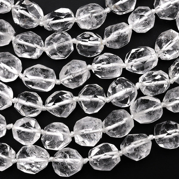 Super Clear AAA Natural Rock Crystal Quartz Handcut Faceted 10mm Rounded Nugget Beads Gemstone 15.5" Strand