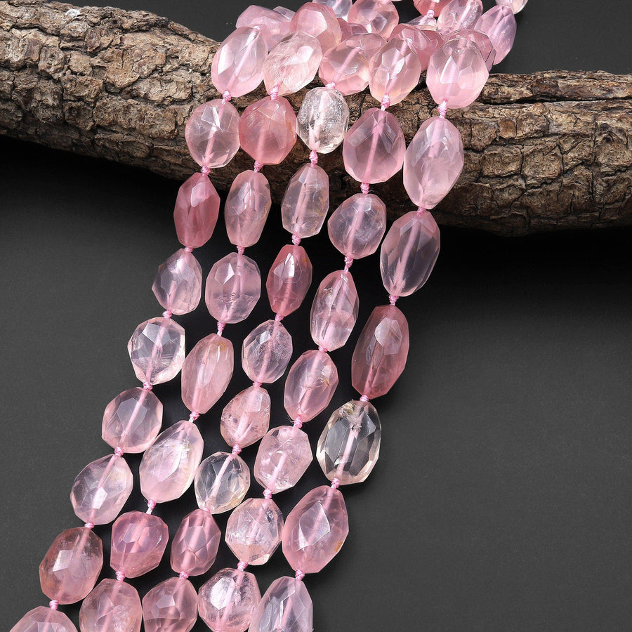 AAA Faceted Translucent Natural Rose Quartz Nugget Beads Pink Gemstone From Madagascar 15.5" Strand
