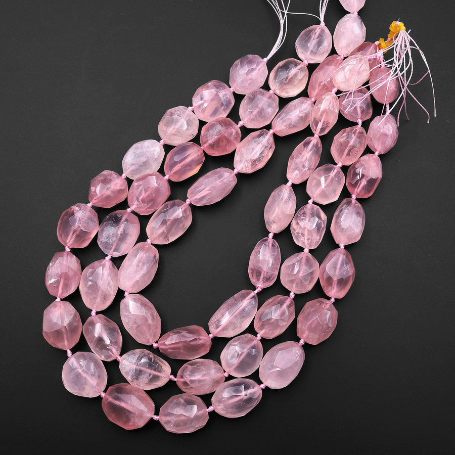 AAA Large Faceted Translucent Natural Rose Quartz Nugget Beads Pink Gemstone From Madagascar 15.5" Strand