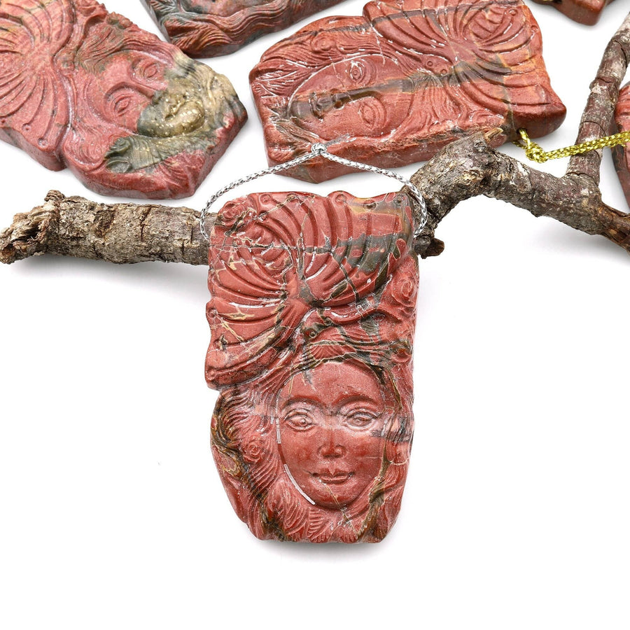 Natural Red Creek Jasper Pendant Hand Carved Butterfly Woman Face Side