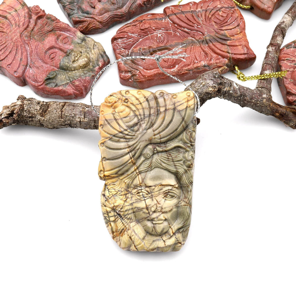 Natural Red Creek Jasper Pendant Hand Carved Butterfly Woman Face Side Drilled Aka MultiColor Picasso Jasper A2