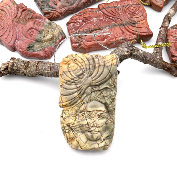 Natural Red Creek Jasper Pendant Hand Carved Butterfly Woman Face Side Drilled Aka MultiColor Picasso Jasper A2