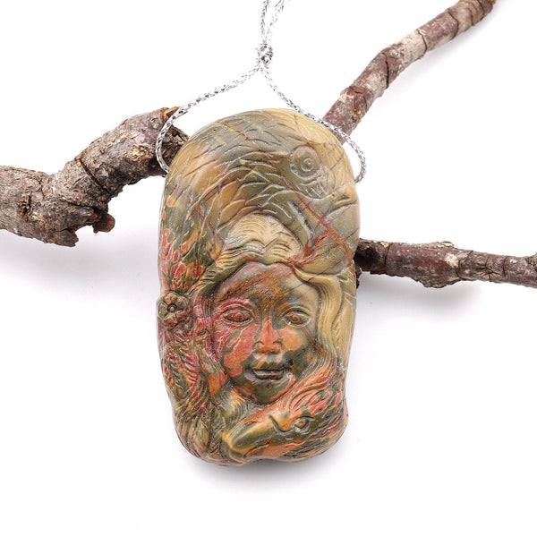 Natural Red Creek Jasper Pendant Hand Carved Eagle Woman Face Side Drilled Aka MultiColor Picasso Jasper