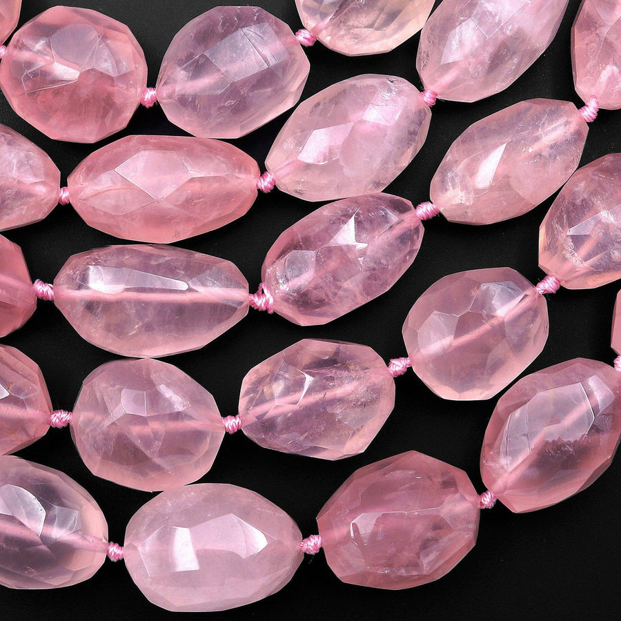 AAA Large Faceted Translucent Natural Rose Quartz Nugget Beads Pink Gemstone From Madagascar 15.5" Strand