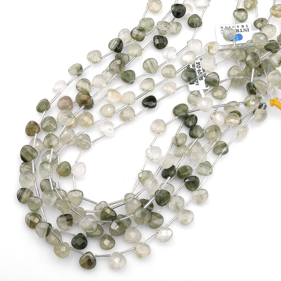 AAA Faceted Natural Green Actinolite In Quartz Beads Faceted Teardrop Pear 10mm 15.5" Strand