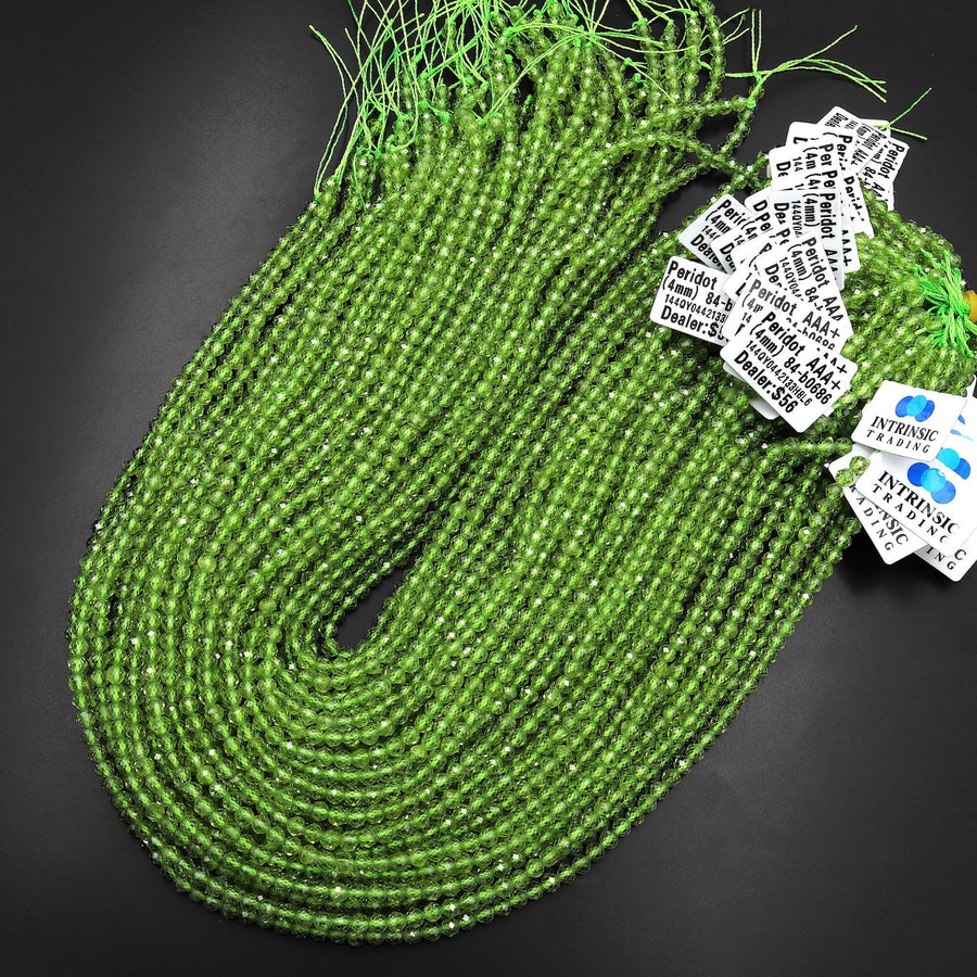 AAA+ Natural Green Peridot 2mm 3mm 4mm Faceted Round Beads 15.5" Strand