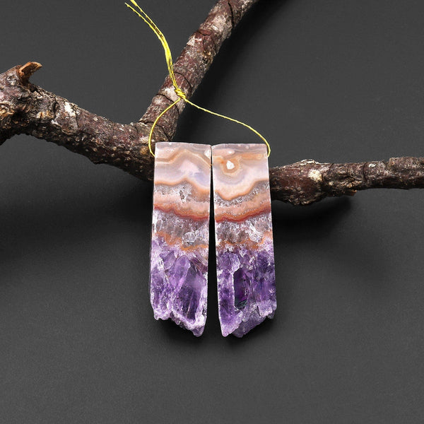 Natural Amethyst Stalactite Slice Matched Earring Rectangle Gemstone Bead Pair A22