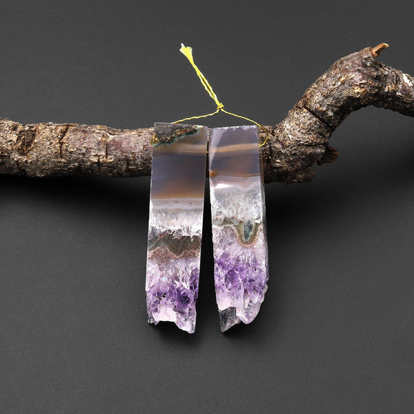 Natural Amethyst Stalactite Slice Matched Earring Rectangle Gemstone Bead Pair A33