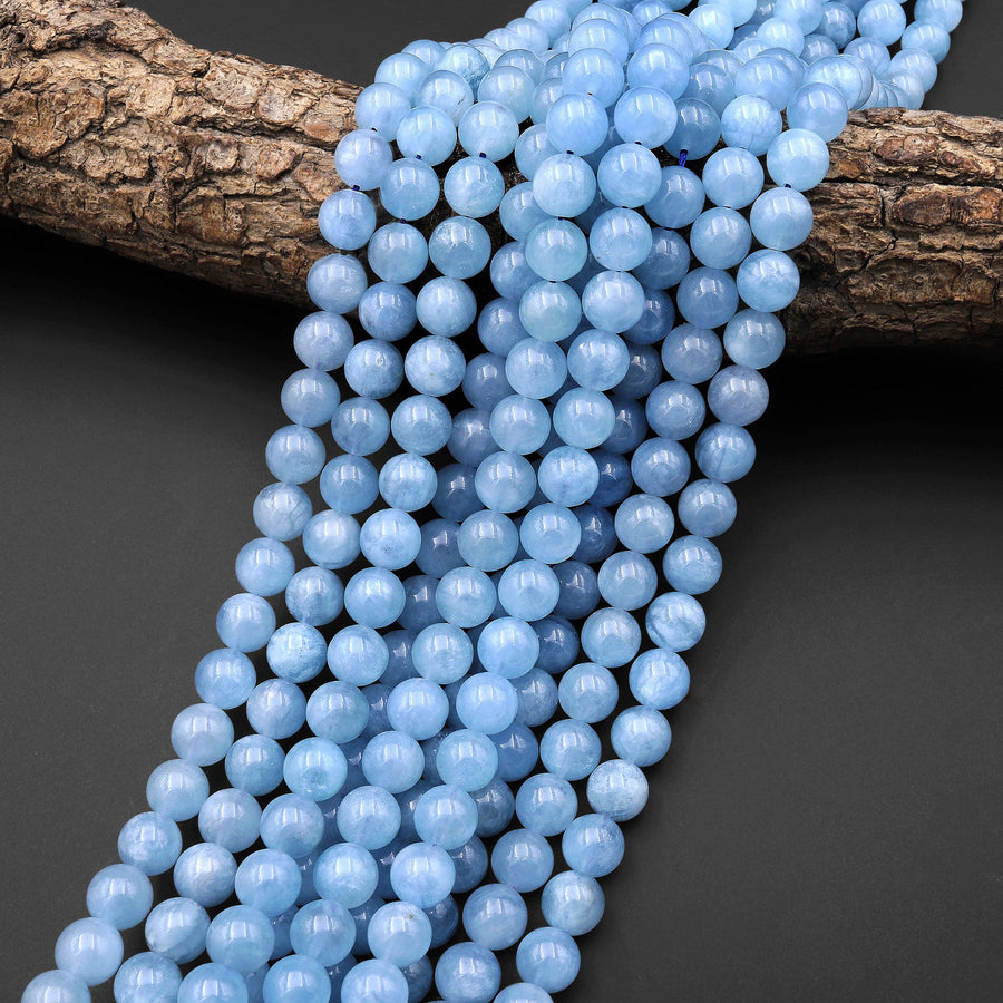 AAA Natural Blue Aquamarine 4mm 6mm 8mm 10mm 12mm Smooth Round Beads Real Genuine Gemstone Birthstone 15.5" Strand