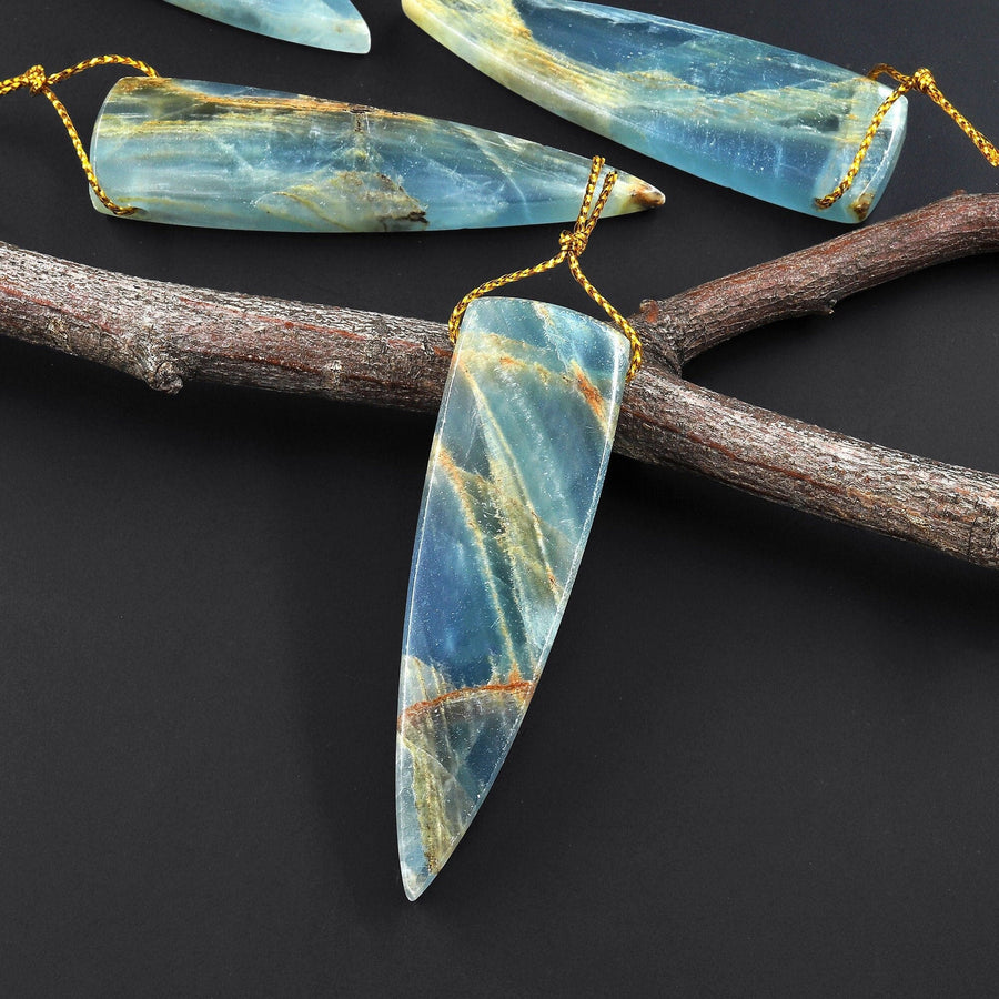 Natural Argentina Lemurian Aquatine Blue Calcite Pendant Golden Brown Matrix Dagger Triangle Side Drilled Gemstone