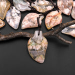 Hand Carved Natural Cherry Blossom Agate Leaf Pendant Bead Drilled Gemstone Aka Flower Agate