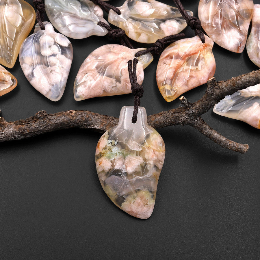 Hand Carved Natural Cherry Blossom Agate Leaf Pendant Bead Drilled Gemstone Aka Flower Agate