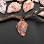 Hand Carved Natural Cherry Blossom Agate Leaf Pendant Bead Drilled Gemstone Aka Flower Agate