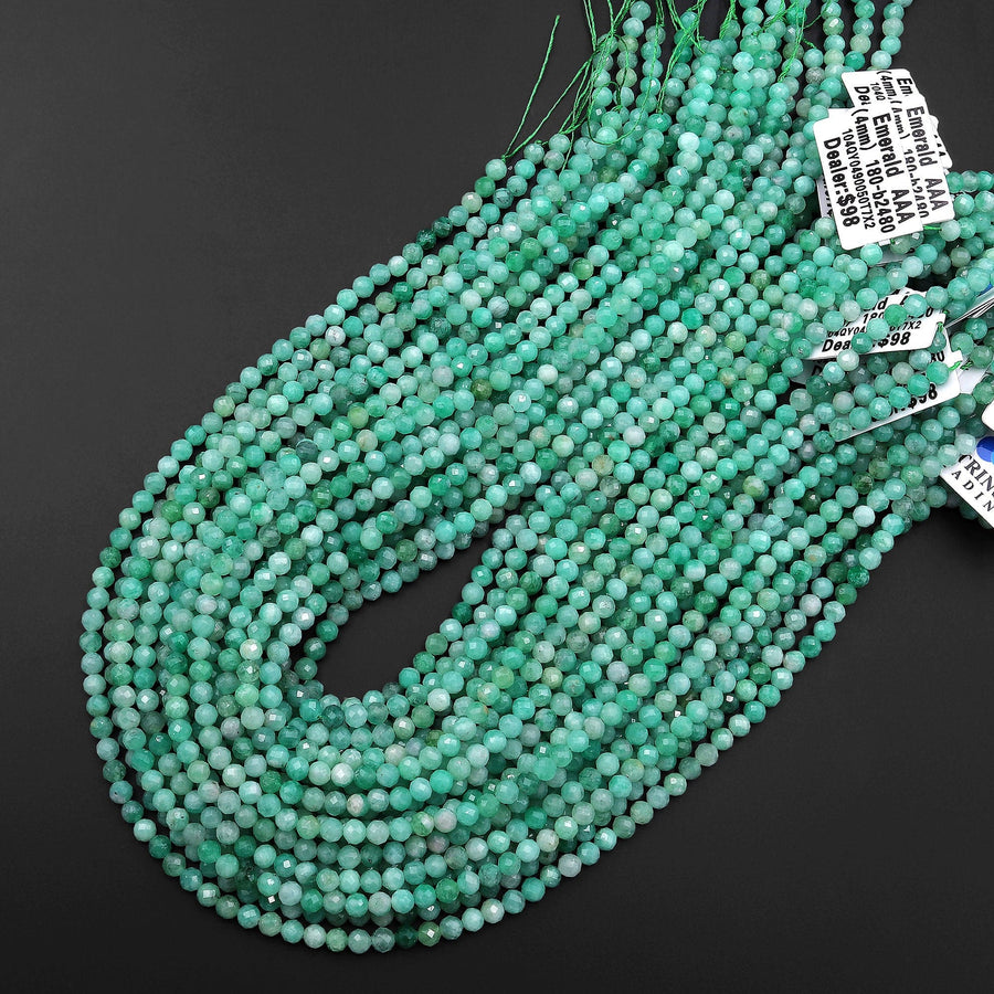 AAA Real Genuine Natural Colombia Green Emerald Gemstone Faceted 4mm Round Beads Laser Diamond Cut Gemstone May Birthstone 15.5" Strand
