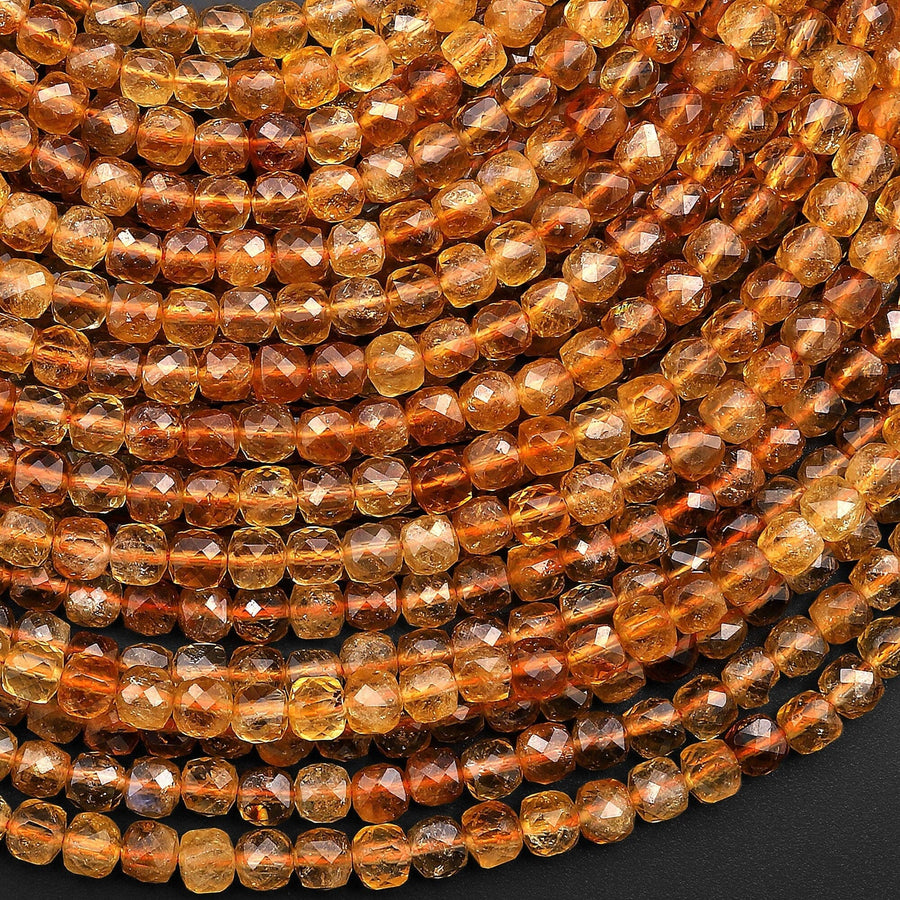 AAA Natural Golden Citrine Faceted 4mm Cube Gemstone Beads 15.5" Strand