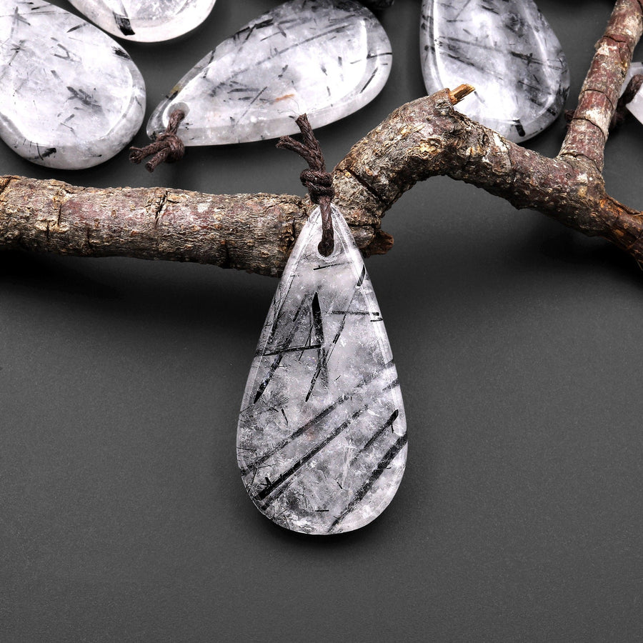 Natural Black Tourmaline Rutilated Quartz Smooth Teardrop Pendant