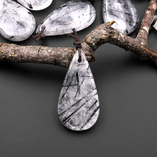 Natural Black Tourmaline Rutilated Quartz Smooth Teardrop Pendant A1