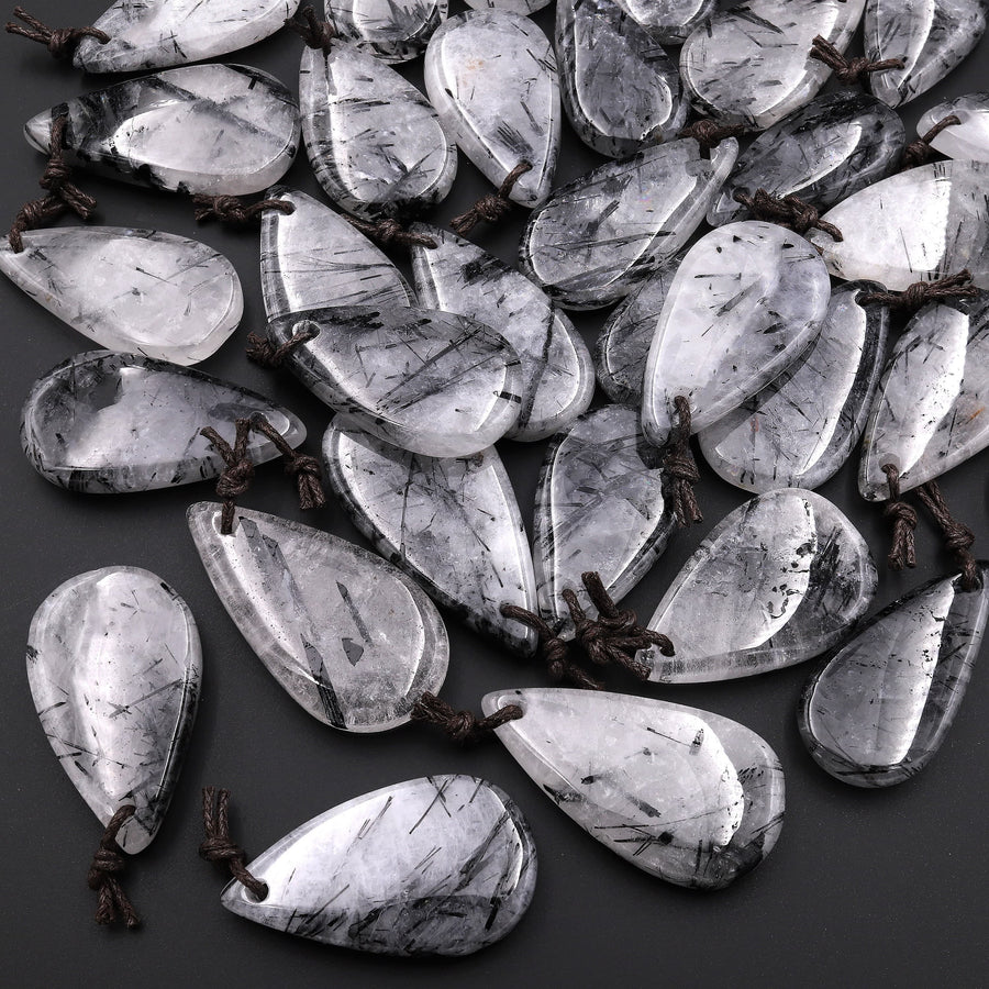 Natural Black Tourmaline Rutilated Quartz Smooth Teardrop Pendant