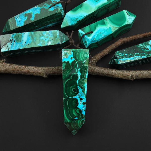 Extremely Rare Natural Blue Chrysocolloa Green Malachite Obelisk Point Pendant Side Drilled Tower Pendulum Healing Crystal