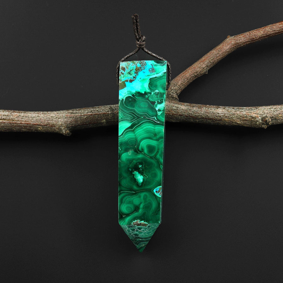 Extremely Rare Natural Blue Chrysocolloa Green Malachite Obelisk Point Pendant Side Drilled Tower Pendulum Healing Crystal A2