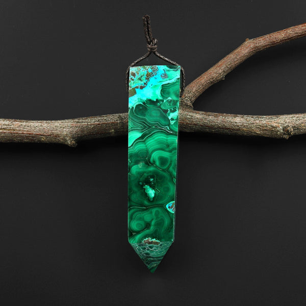 Extremely Rare Natural Blue Chrysocolloa Green Malachite Obelisk Point Pendant Side Drilled Tower Pendulum Healing Crystal A2