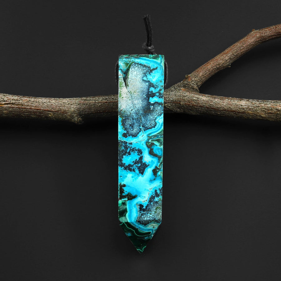 Extremely Rare Natural Blue Chrysocolloa Green Malachite Obelisk Point Pendant Side Drilled Tower Pendulum Healing Crystal A5