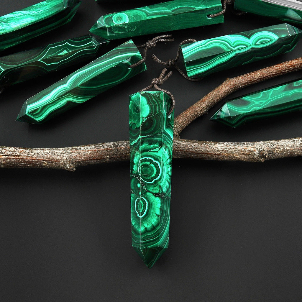 Natural Green Malachite Obelisk Point Pendant Side Drilled Tower Pendulum Healing Crystal A4