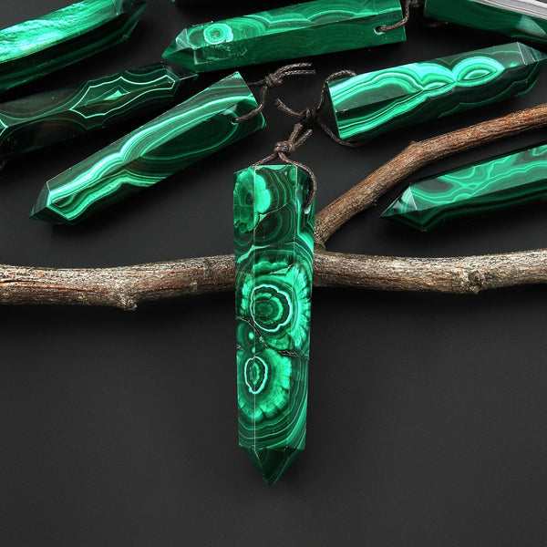 Natural Green Malachite Obelisk Point Pendant Side Drilled Tower Pendulum Healing Crystal A4