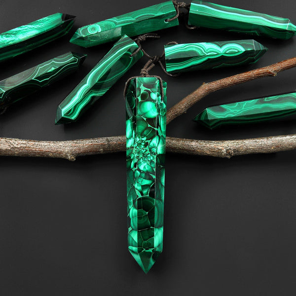 Natural Green Malachite Obelisk Point Pendant Side Drilled Tower Pendulum Healing Crystal A5
