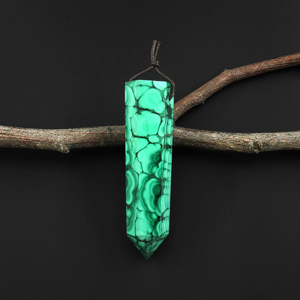 Natural Green Malachite Obelisk Point Pendant Side Drilled Tower Pendulum Healing Crystal A1