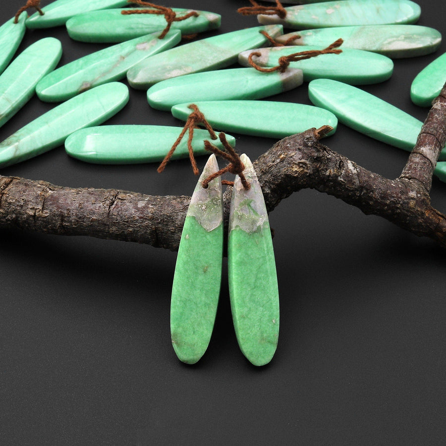 Rare Natural Utah Green Variscite Long Teardrop Earring Pair Matched Cabochon Gemstone Beads