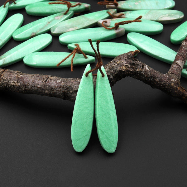 Rare Natural Utah Green Variscite Long Teardrop Earring Pair Matched Cabochon Gemstone Beads A1