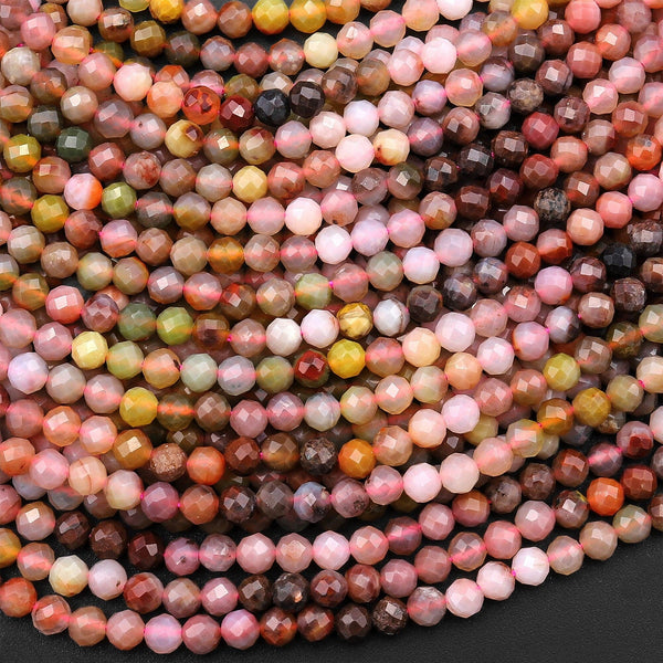 Faceted Natural Rainbow Agate 4mm Round Beads Earthy Pink Peach Canary Green Caramel Gemstones 15.5" Strand