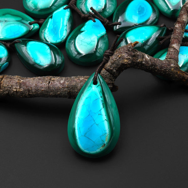 Extremely Rare Natural Blue Chrysocolloa Green Malachite Teardrop Pendant A3