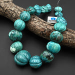 Hand Carved Genuine Real Natural Turquoise Large Pumpkin Beads Melon Nuggets 15.5" Strand