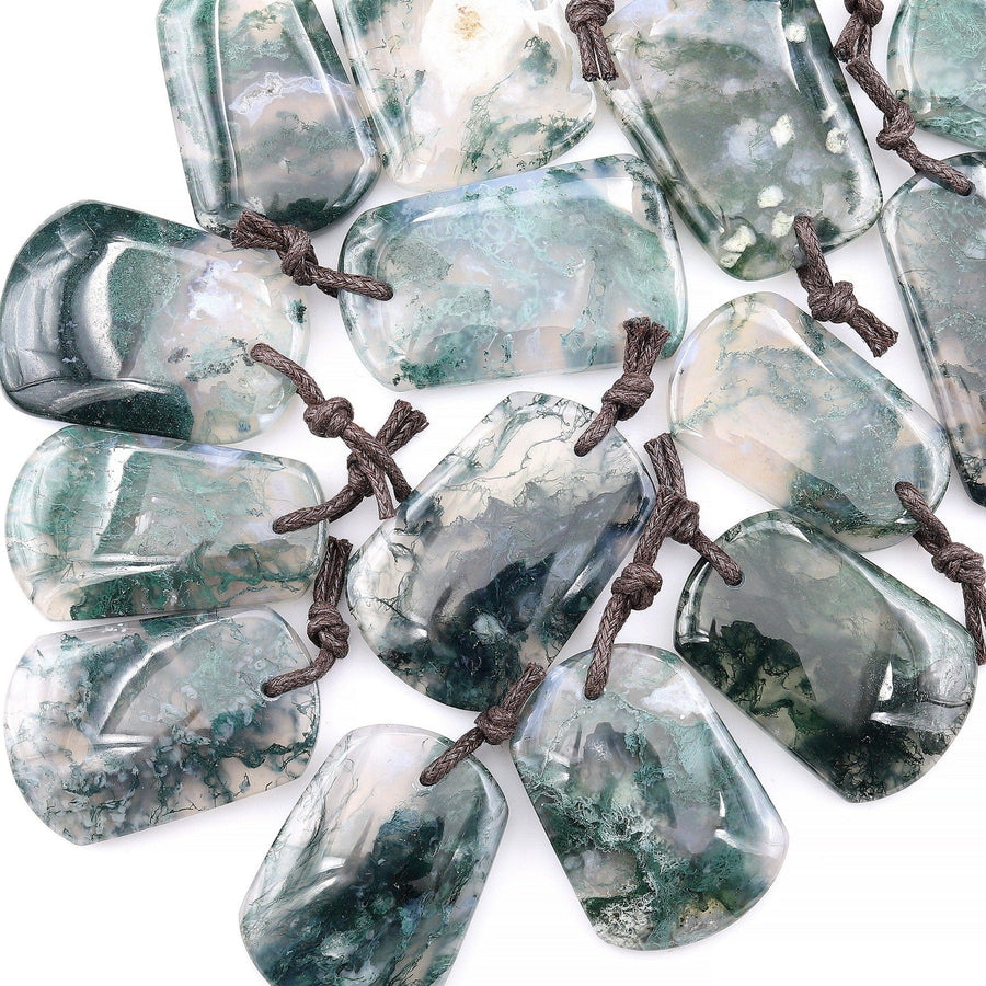 Large Natural Green Moss Agate Trepezoid Pendant Gemstone Focal Bead