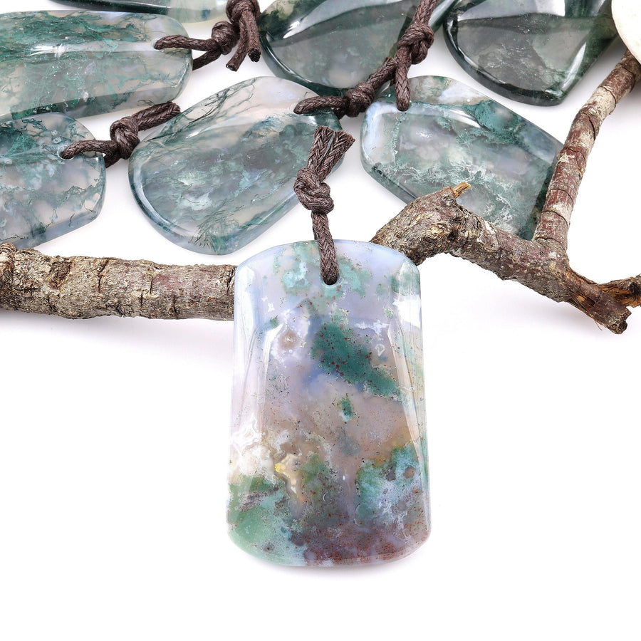 Large Natural Green Moss Agate Trepezoid Pendant Gemstone Focal Bead
