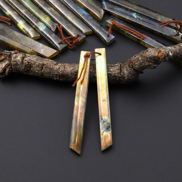 Natural Fiery Red Labradorite Earring Pair Thin Long Beveled Rectangle Spick Drilled Matched Gemstone Beads A2
