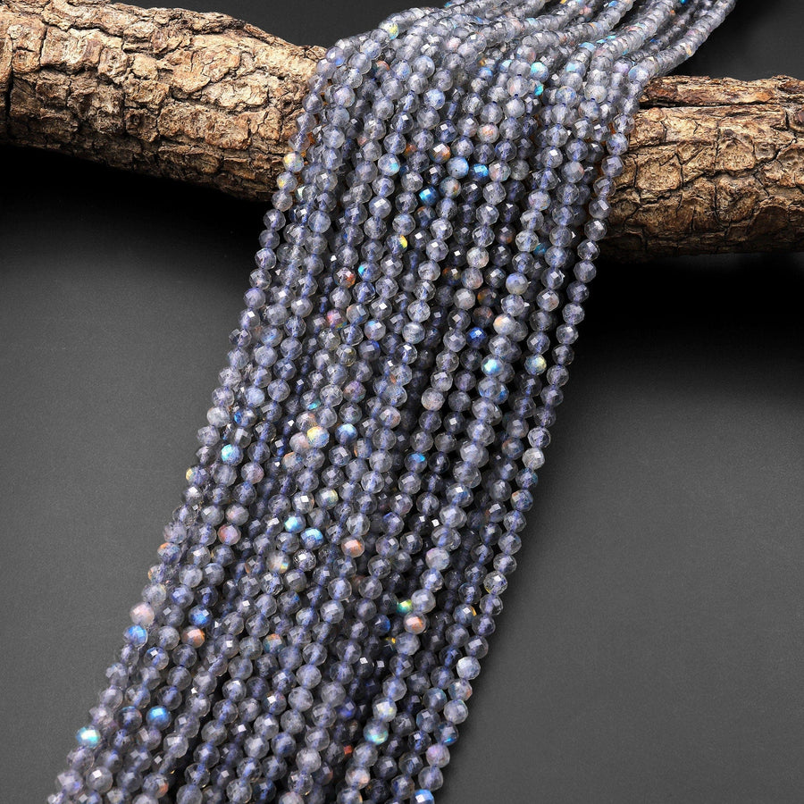AAA Faceted Natural Rainbow Labradorite 4mm Round Beads Brilliant Flashes 15.5" Strand