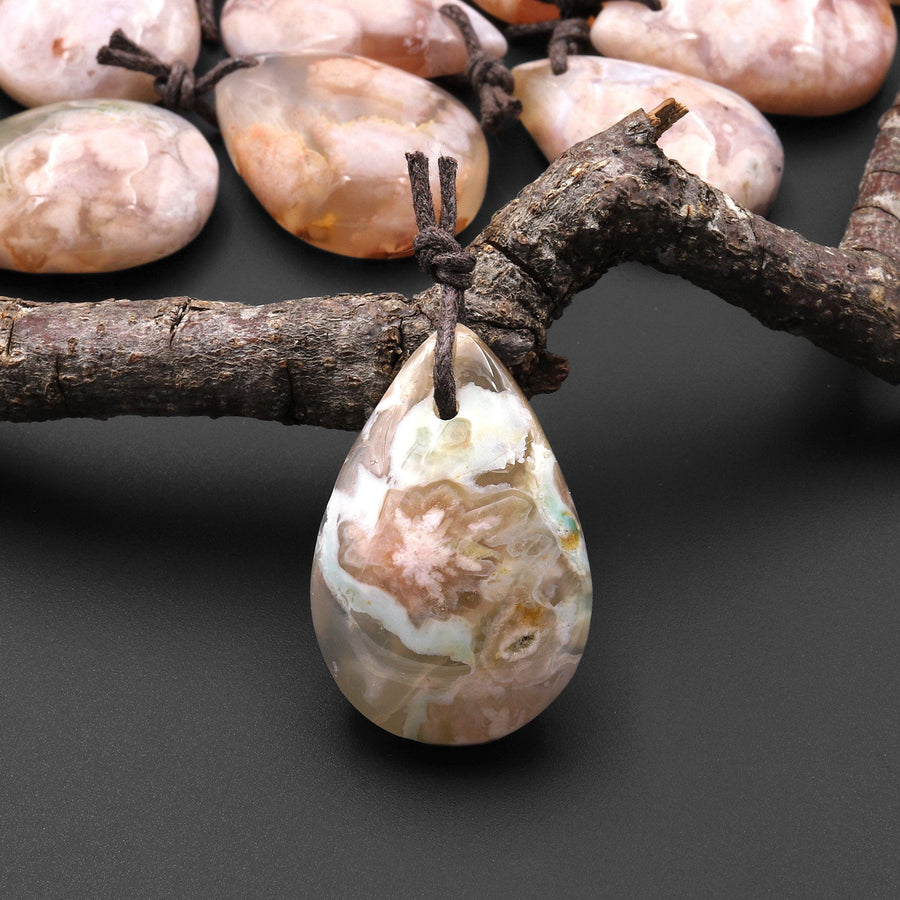 AAA Natural Cherry Blossom Agate Teardrop Gemstone Pendant Aka Flower Agate