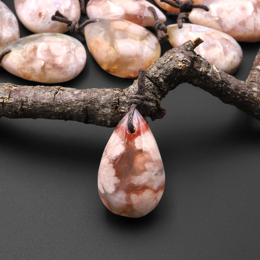 AAA Natural Cherry Blossom Agate Teardrop Gemstone Pendant Aka Flower Agate