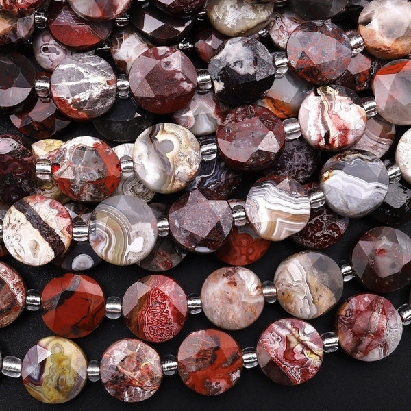 Faceted Natural Laguna Lace Agate 10mm Coin Beads 15.5" Strand
