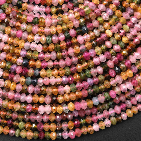AAA Gemmy Natural Multicolor Watermelon Tourmaline Micro Faceted 4mm Rondelle Beads Pink Green Golden Yellow Gemstone 15.5" Strand